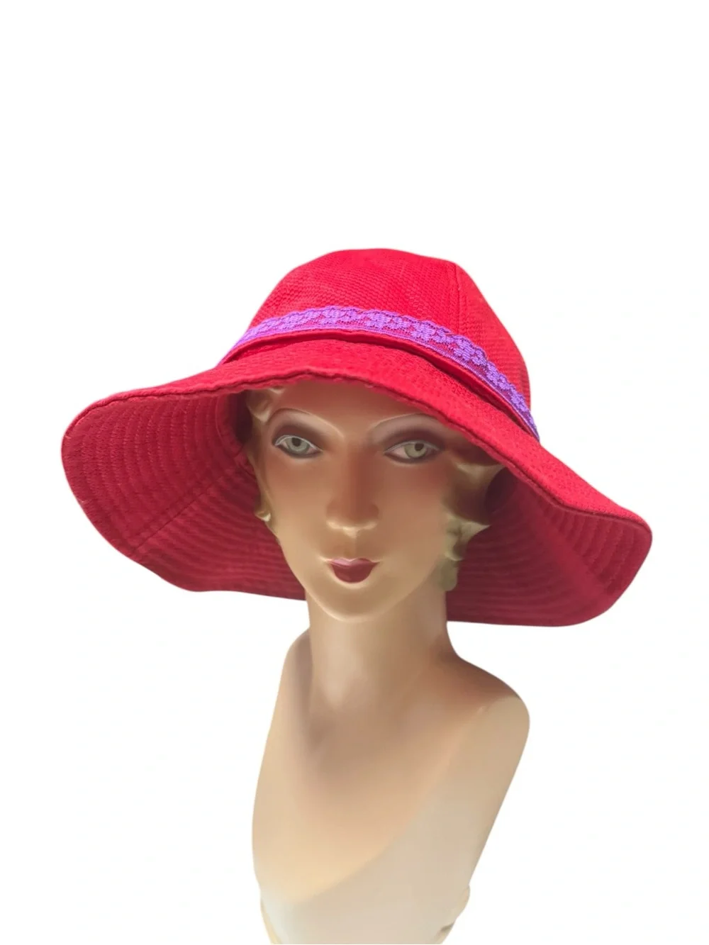 Vintage Red Cotton Wide-Brim Sun Hat Purple Trim red heart accents